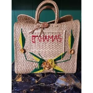 VTG Purse Bag Straw Raffia Woven 3D Island Flowers Handmade In Bahamas Floral